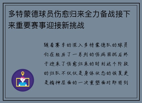 多特蒙德球员伤愈归来全力备战接下来重要赛事迎接新挑战