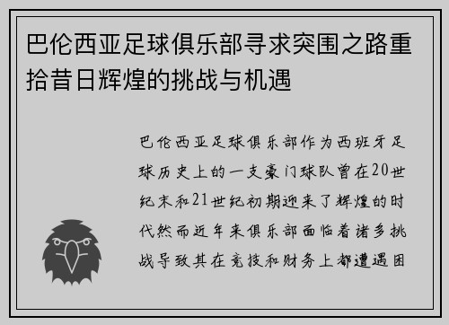 巴伦西亚足球俱乐部寻求突围之路重拾昔日辉煌的挑战与机遇