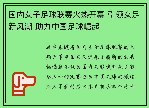 国内女子足球联赛火热开幕 引领女足新风潮 助力中国足球崛起