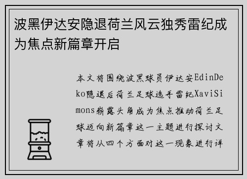 波黑伊达安隐退荷兰风云独秀雷纪成为焦点新篇章开启