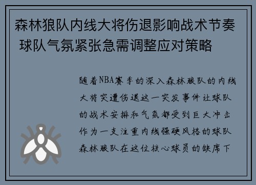 森林狼队内线大将伤退影响战术节奏 球队气氛紧张急需调整应对策略