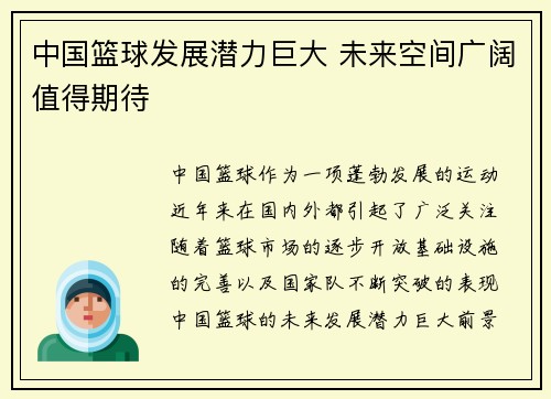 中国篮球发展潜力巨大 未来空间广阔值得期待