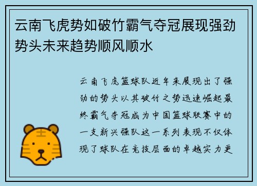 云南飞虎势如破竹霸气夺冠展现强劲势头未来趋势顺风顺水