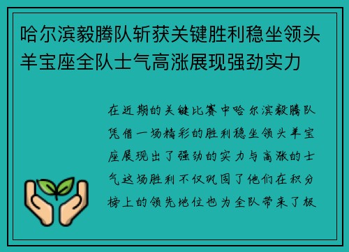 哈尔滨毅腾队斩获关键胜利稳坐领头羊宝座全队士气高涨展现强劲实力