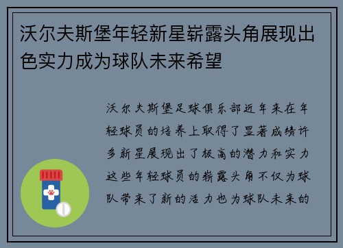 沃尔夫斯堡年轻新星崭露头角展现出色实力成为球队未来希望