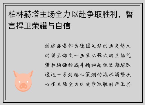 柏林赫塔主场全力以赴争取胜利，誓言捍卫荣耀与自信