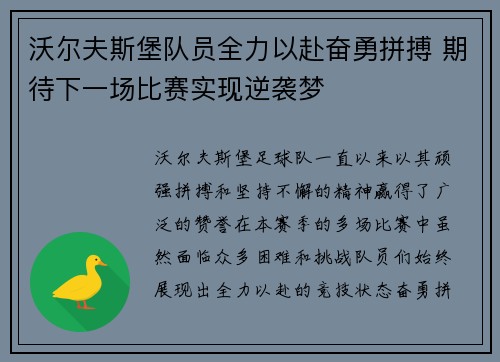 沃尔夫斯堡队员全力以赴奋勇拼搏 期待下一场比赛实现逆袭梦