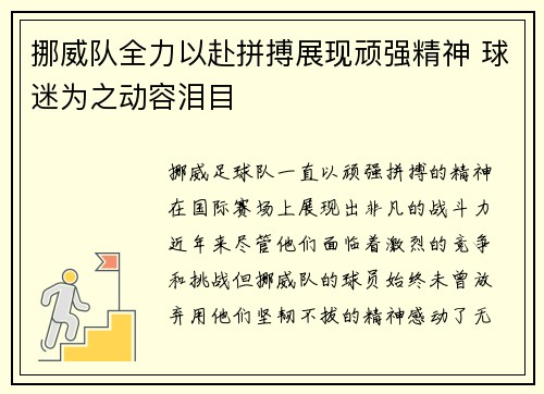 挪威队全力以赴拼搏展现顽强精神 球迷为之动容泪目
