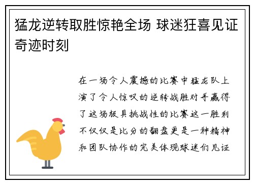 猛龙逆转取胜惊艳全场 球迷狂喜见证奇迹时刻