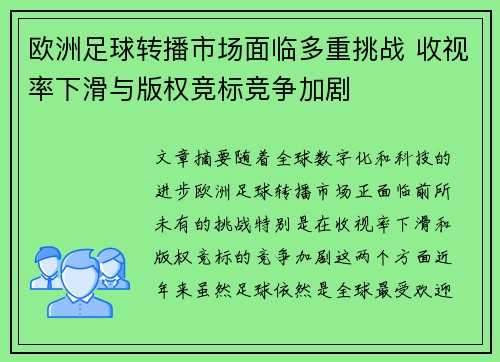 欧洲足球转播市场面临多重挑战 收视率下滑与版权竞标竞争加剧