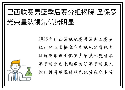 巴西联赛男篮季后赛分组揭晓 圣保罗光荣星队领先优势明显